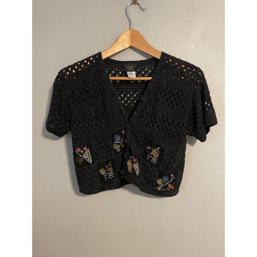 Vintage Teddi Cardigan Womens Size 4 Black V Neck Crochet Floral Cottagecore 90s